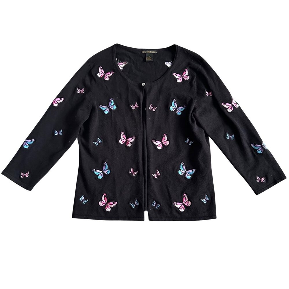 Erin Matthews Women's M Butterfly Embroidered Cardigan Casual Sweater Black